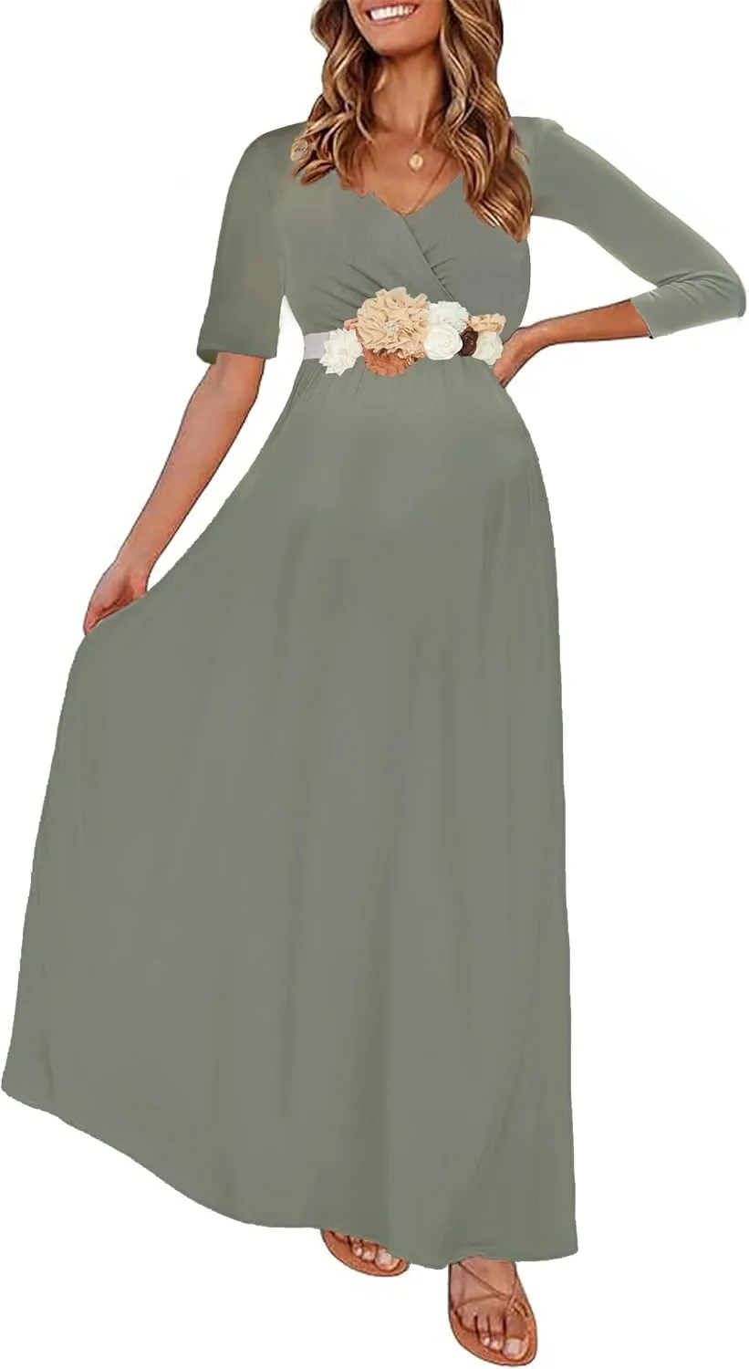 KIM S Maternity Maxi Dress with Flower Sash(S-3XL)/Wrapped Ruched V Neck Photoshoot Baby Shower Dresses