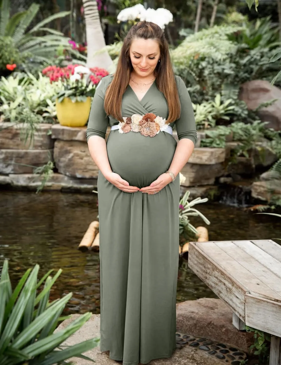 KIM S Maternity Maxi Dress with Flower Sash(S-3XL)/Wrapped Ruched V Neck Photoshoot Baby Shower Dresses