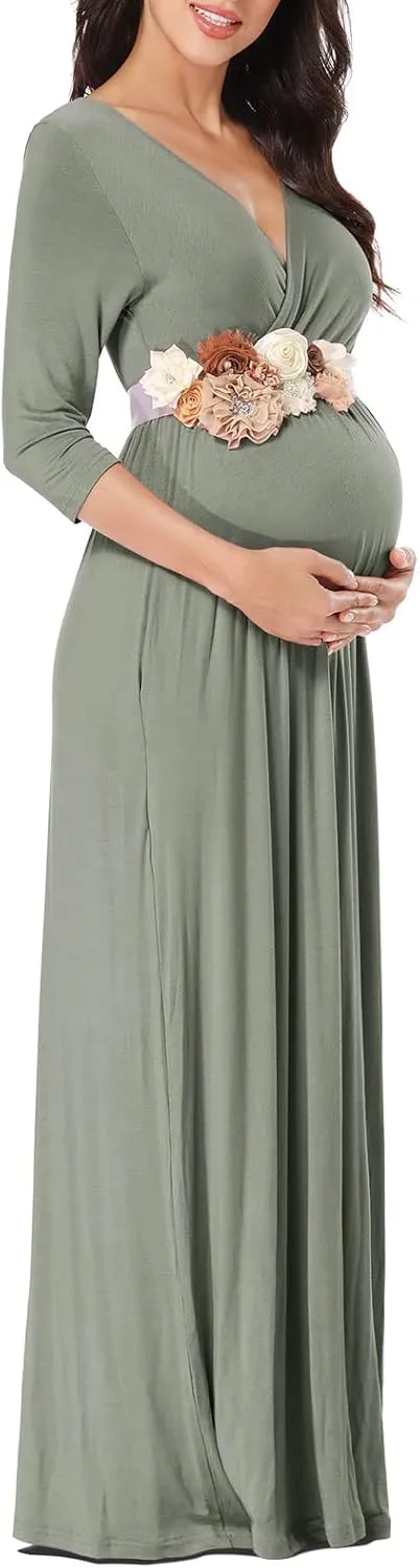KIM S Maternity Maxi Dress with Flower Sash(S-3XL)/Wrapped Ruched V Neck Photoshoot Baby Shower Dresses