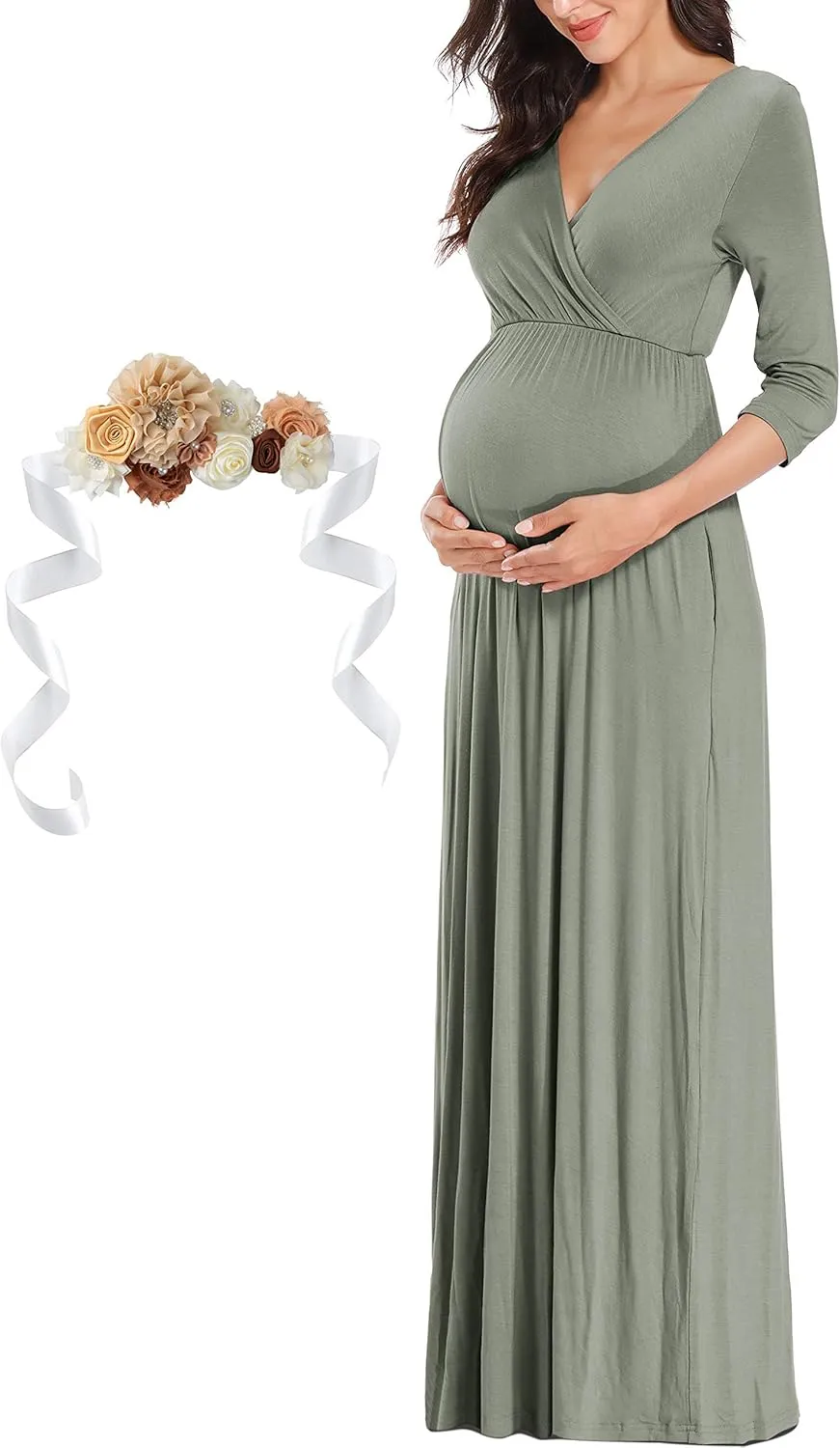KIM S Maternity Maxi Dress with Flower Sash(S-3XL)/Wrapped Ruched V Neck Photoshoot Baby Shower Dresses
