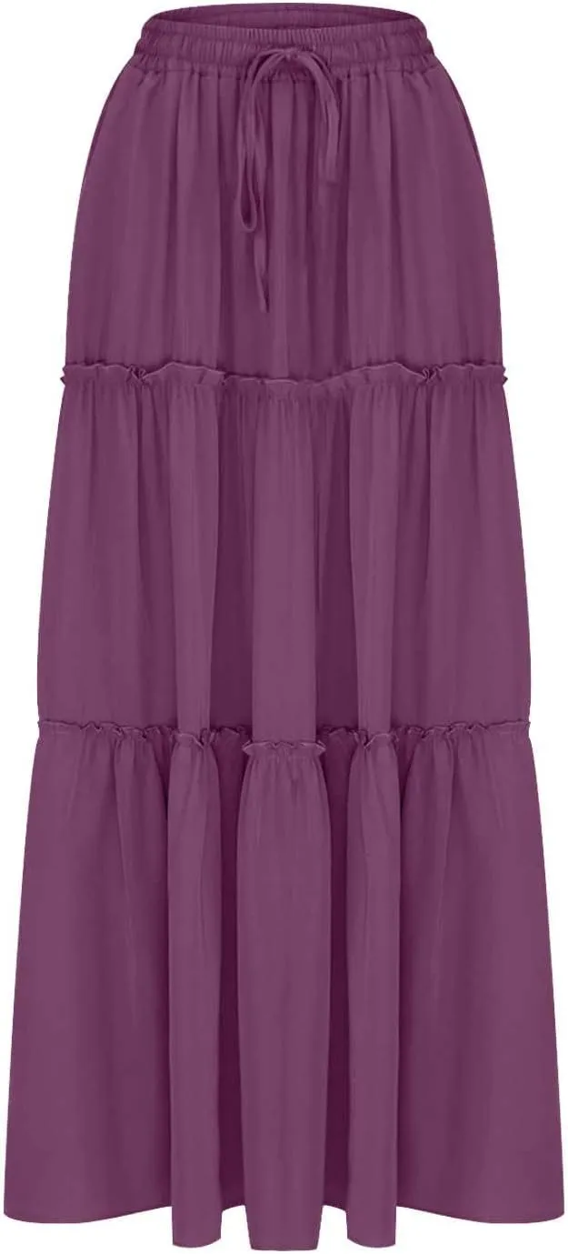 Ladies Maxi Skirts Spring Summer Casual Long Skirt for Women Trendy Tiered Pleated Vacation Skirts Half Dress