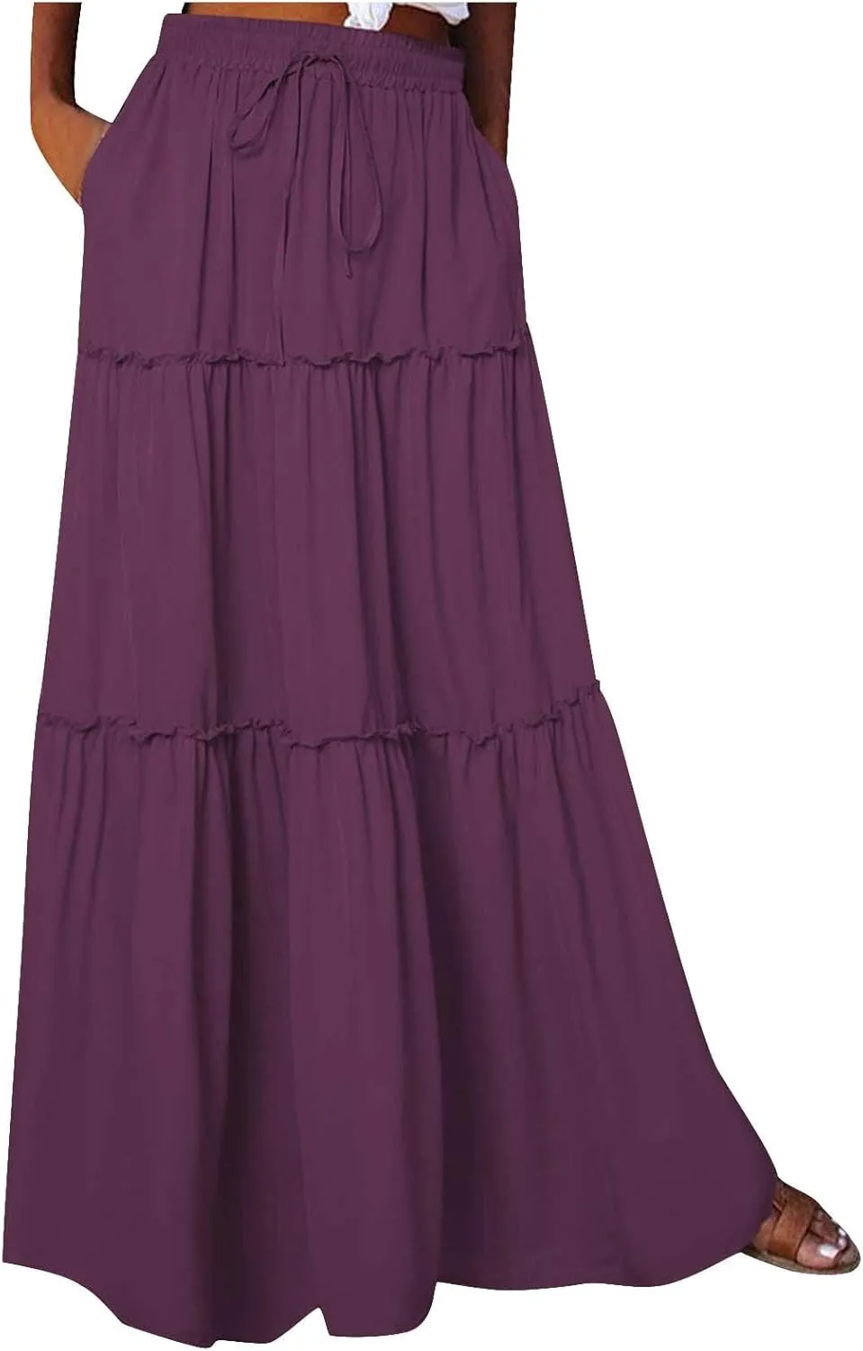 Ladies Maxi Skirts Spring Summer Casual Long Skirt for Women Trendy Tiered Pleated Vacation Skirts Half Dress