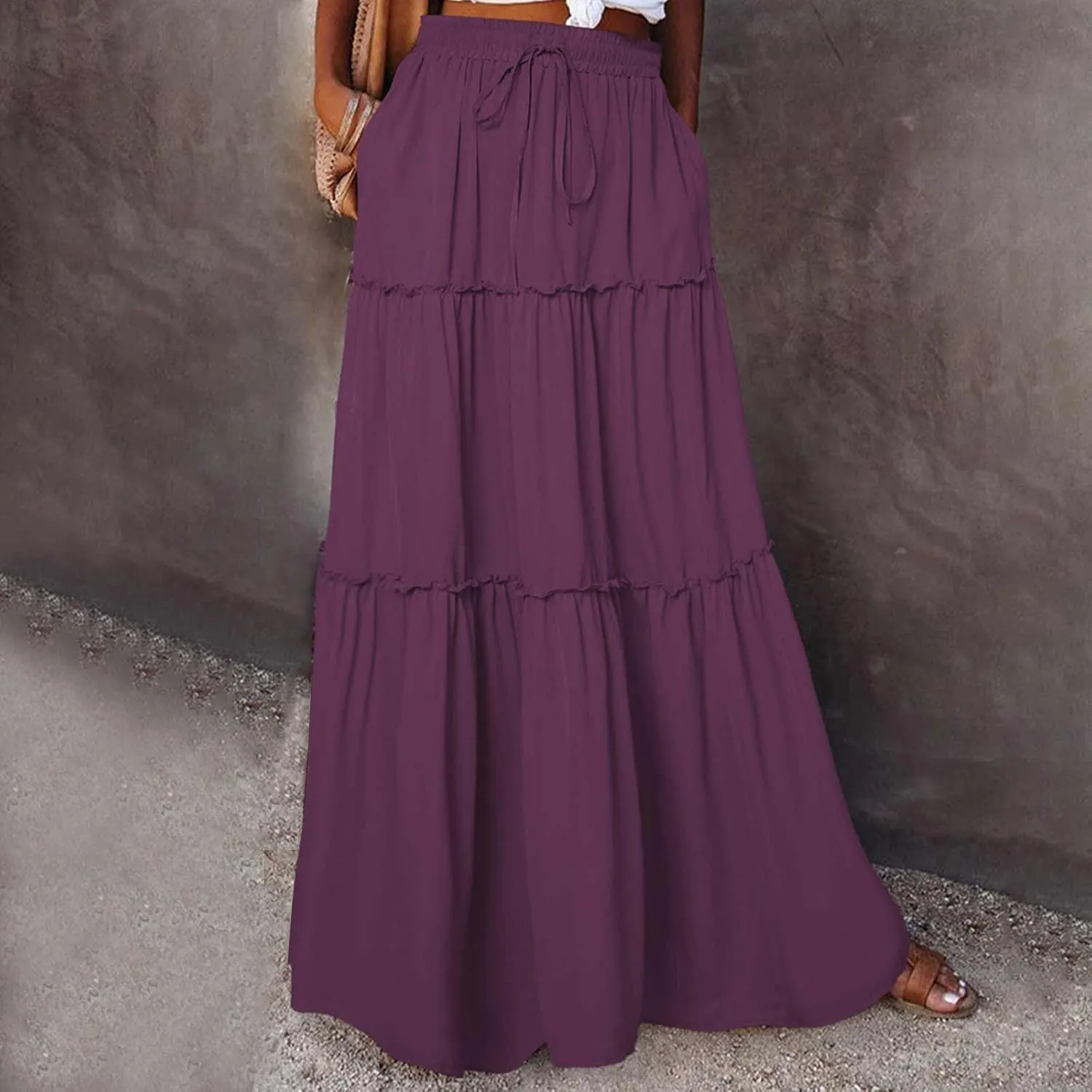 Ladies Maxi Skirts Spring Summer Casual Long Skirt for Women Trendy Tiered Pleated Vacation Skirts Half Dress