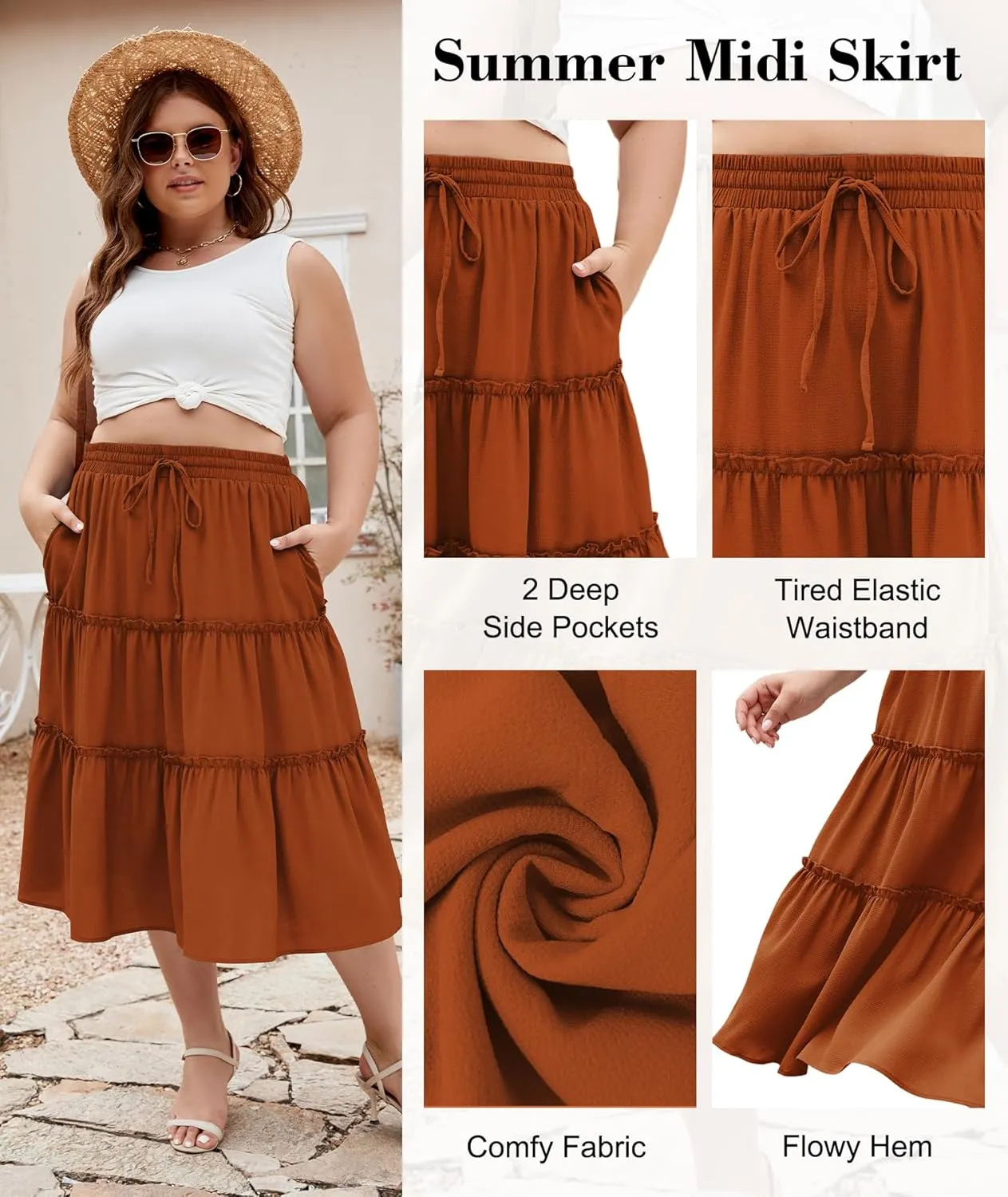 LALAGEN Womens Plus Size Boho Midi Skirt Elastic High Waist Summer Flowy A Line Long Midi Skirt with Pockets