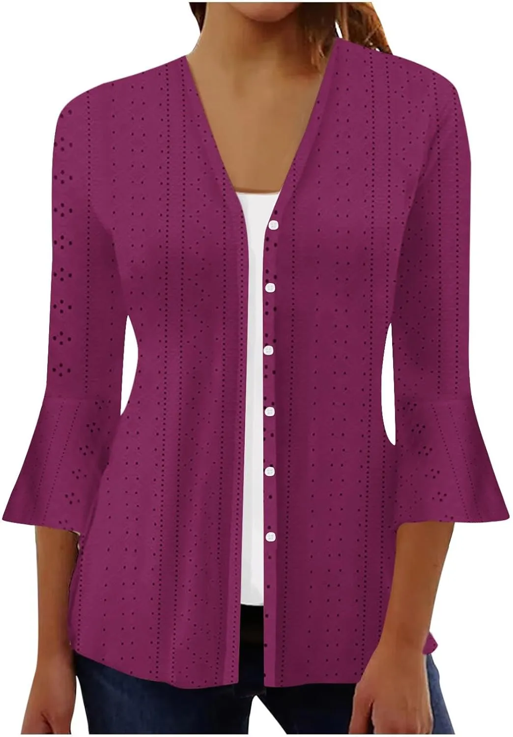 Lightweight Cardigans for Women 3/4 Sleeve Button Down Tops Loose Fit Cover Up Comfy Solid Color Open Front Blouses
