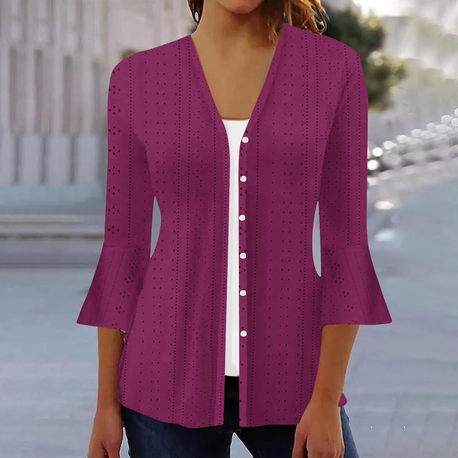 Lightweight Cardigans for Women 3/4 Sleeve Button Down Tops Loose Fit Cover Up Comfy Solid Color Open Front Blouses