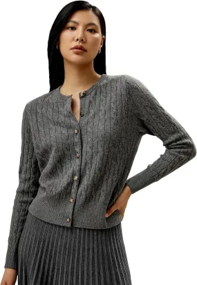 LilySilk 100% Cashmere Crewneck Cardigan Sweater for Women Long Sleeves Cable-Knit Buttoned Placket