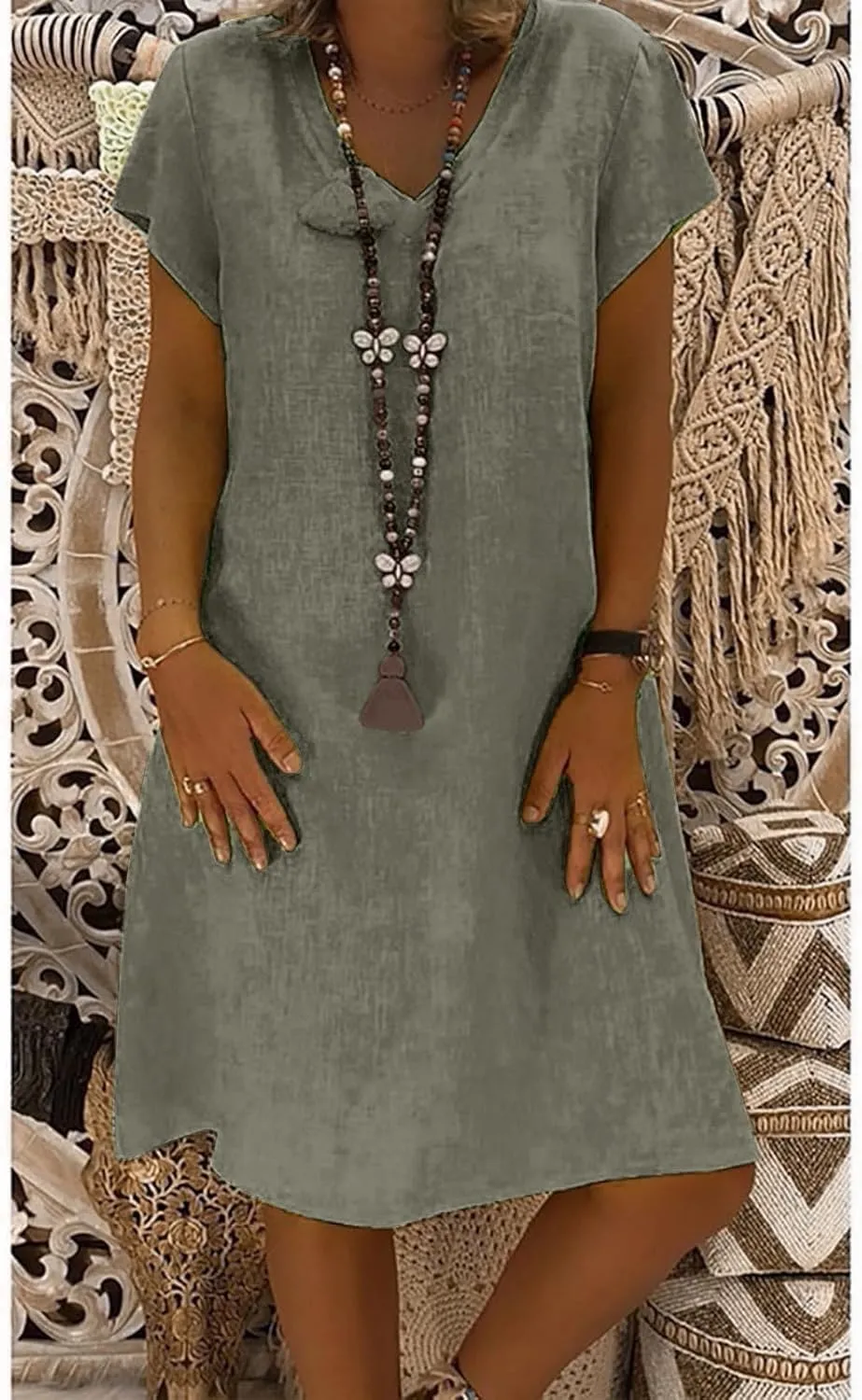 Linen Dresses for Women 2025 Summer V Neck Short Sleeve Flowy Midi Dress Plus Size Baggy Casual Comfy Beach Sundress