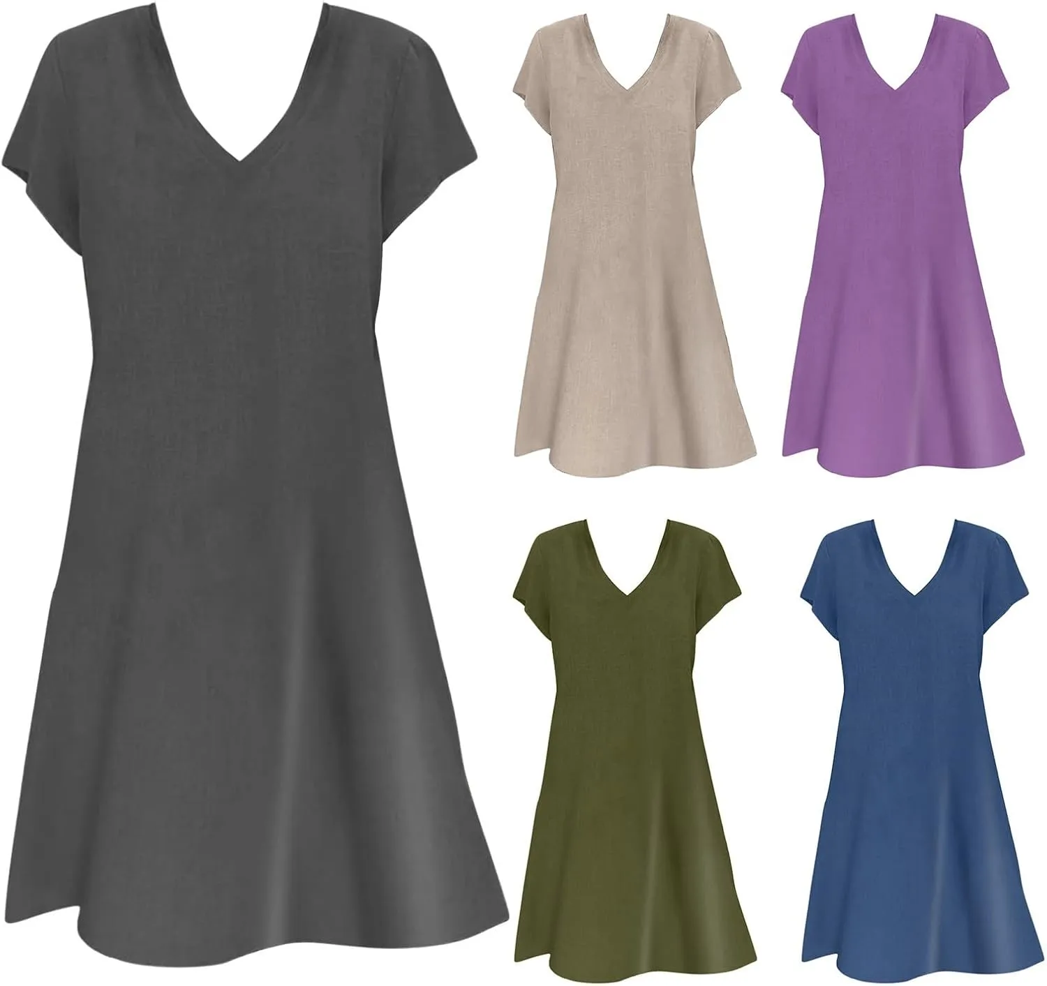 Linen Dresses for Women 2025 Summer V Neck Short Sleeve Flowy Midi Dress Plus Size Baggy Casual Comfy Beach Sundress