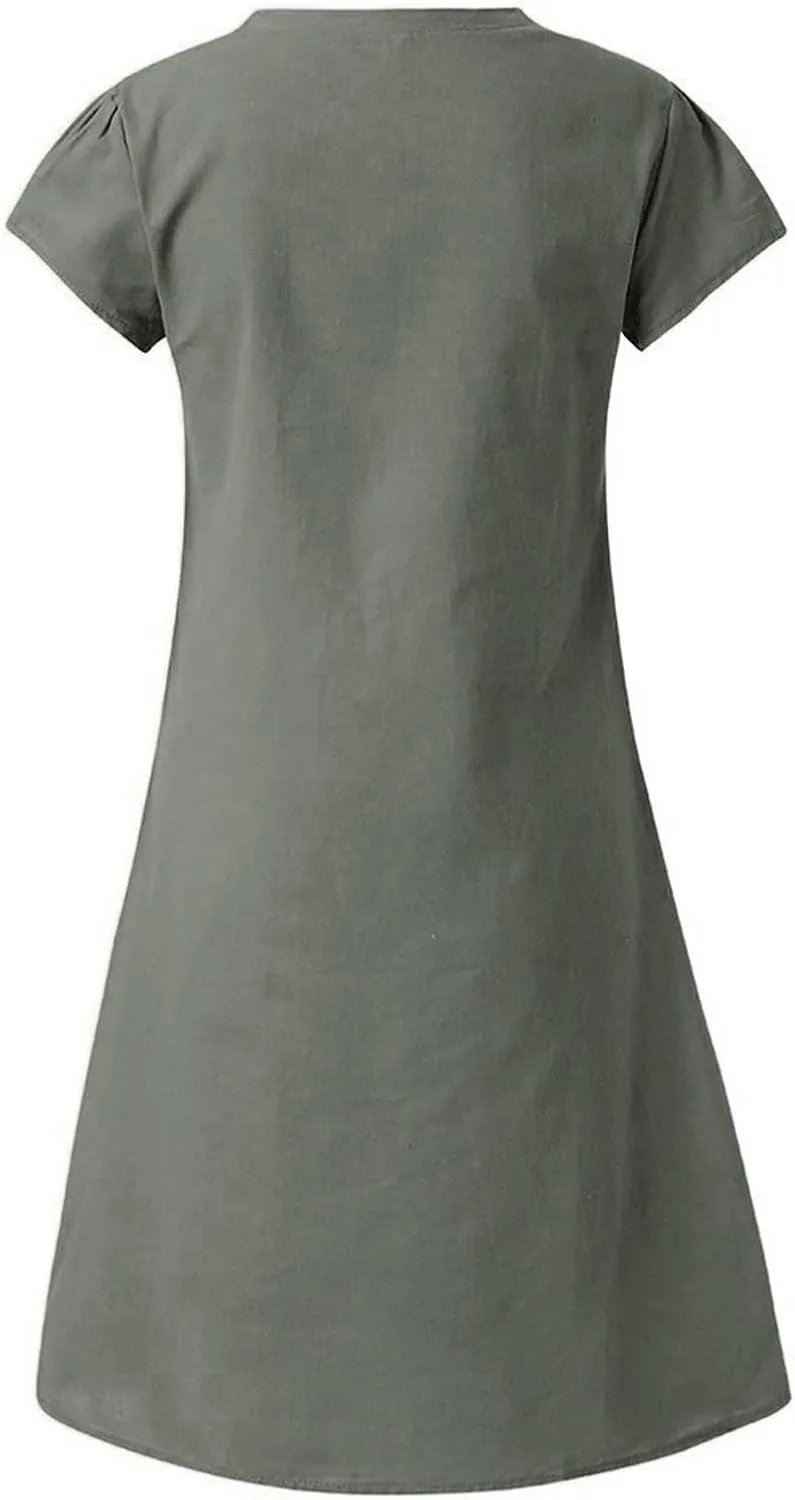 Linen Dresses for Women 2025 Summer V Neck Short Sleeve Flowy Midi Dress Plus Size Baggy Casual Comfy Beach Sundress