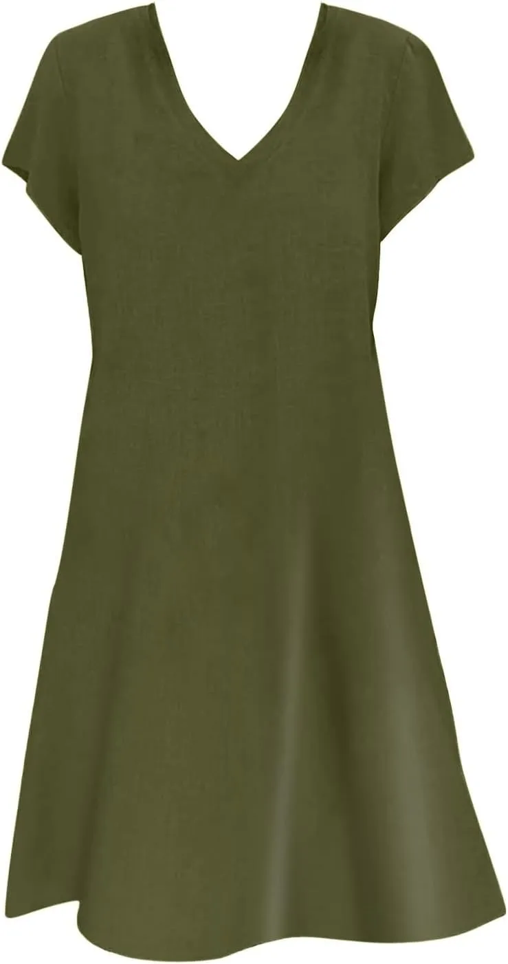 Linen Dresses for Women 2025 Summer V Neck Short Sleeve Flowy Midi Dress Plus Size Baggy Casual Comfy Beach Sundress
