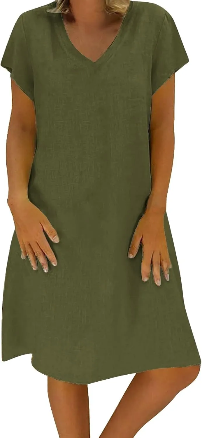 Linen Dresses for Women 2025 Summer V Neck Short Sleeve Flowy Midi Dress Plus Size Baggy Casual Comfy Beach Sundress
