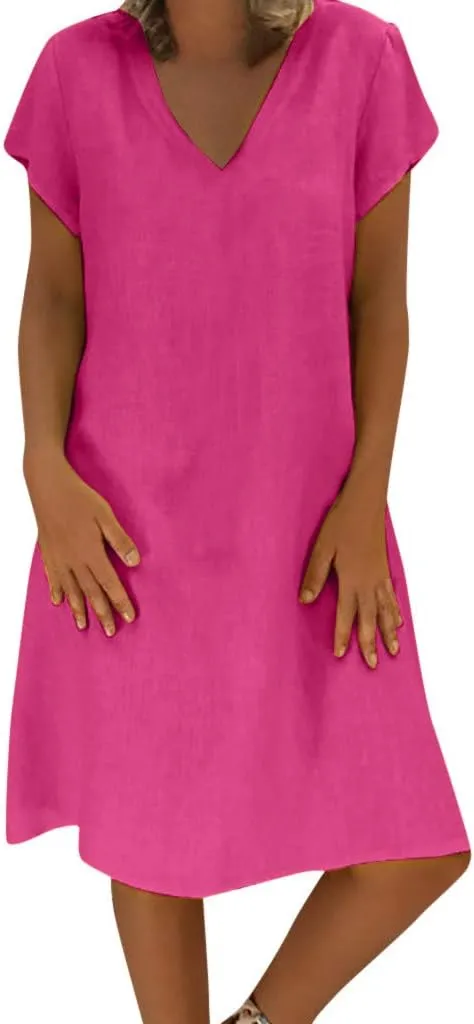 Linen Dresses for Women 2025 Summer V Neck Short Sleeve Flowy Midi Dress Plus Size Baggy Casual Comfy Beach Sundress