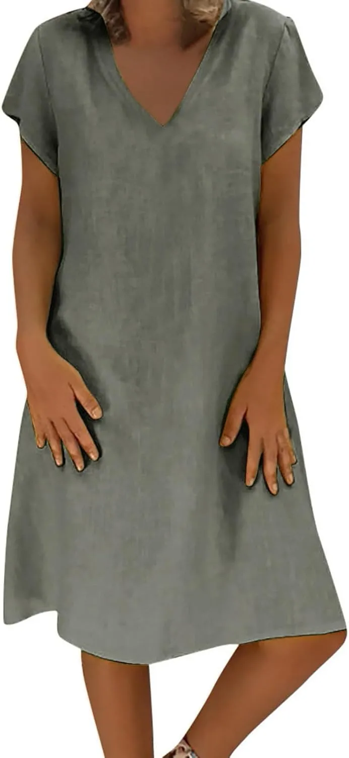 Linen Dresses for Women 2025 Summer V Neck Short Sleeve Flowy Midi Dress Plus Size Baggy Casual Comfy Beach Sundress