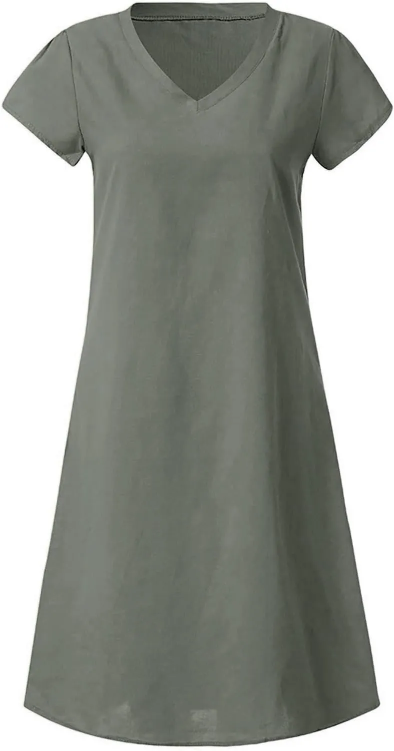 Linen Dresses for Women 2025 Summer V Neck Short Sleeve Flowy Midi Dress Plus Size Baggy Casual Comfy Beach Sundress