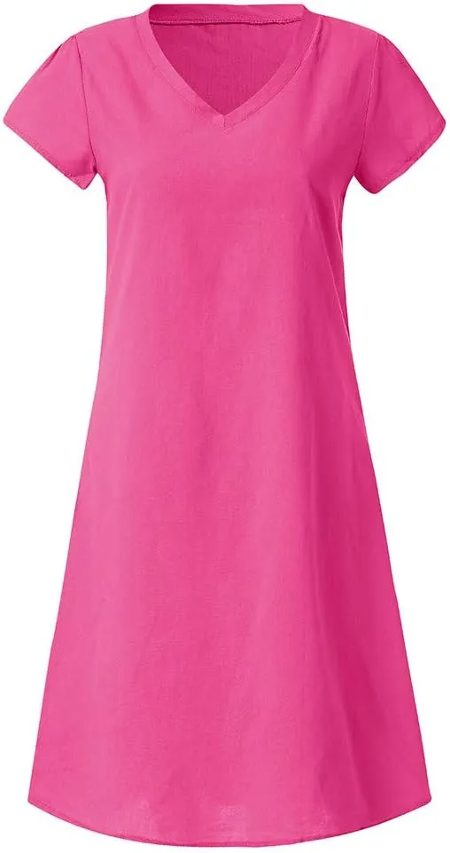 Linen Dresses for Women 2025 Summer V Neck Short Sleeve Flowy Midi Dress Plus Size Baggy Casual Comfy Beach Sundress