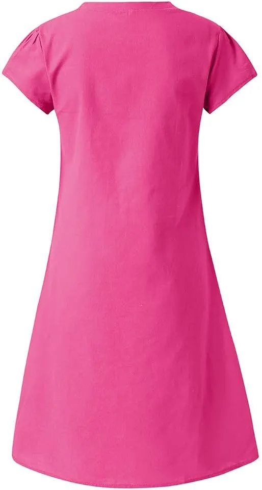 Linen Dresses for Women 2025 Summer V Neck Short Sleeve Flowy Midi Dress Plus Size Baggy Casual Comfy Beach Sundress