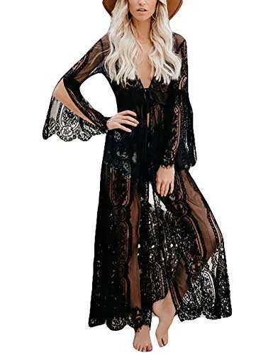 Long Sleeve Lace-Up Beach Kimono Cardigan: Women's Swimwear Cover Up