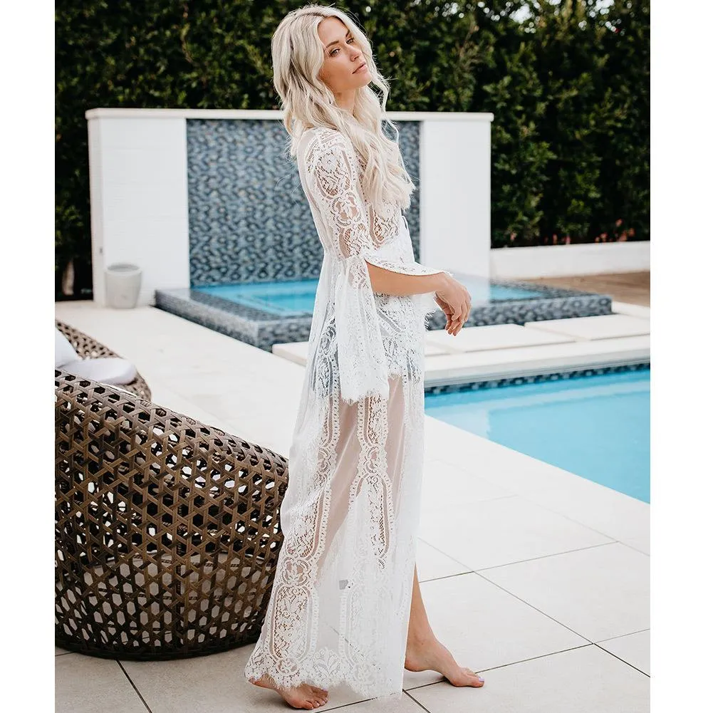 Long Sleeve Lace-Up Beach Kimono Cardigan: Women's Swimwear Cover Up