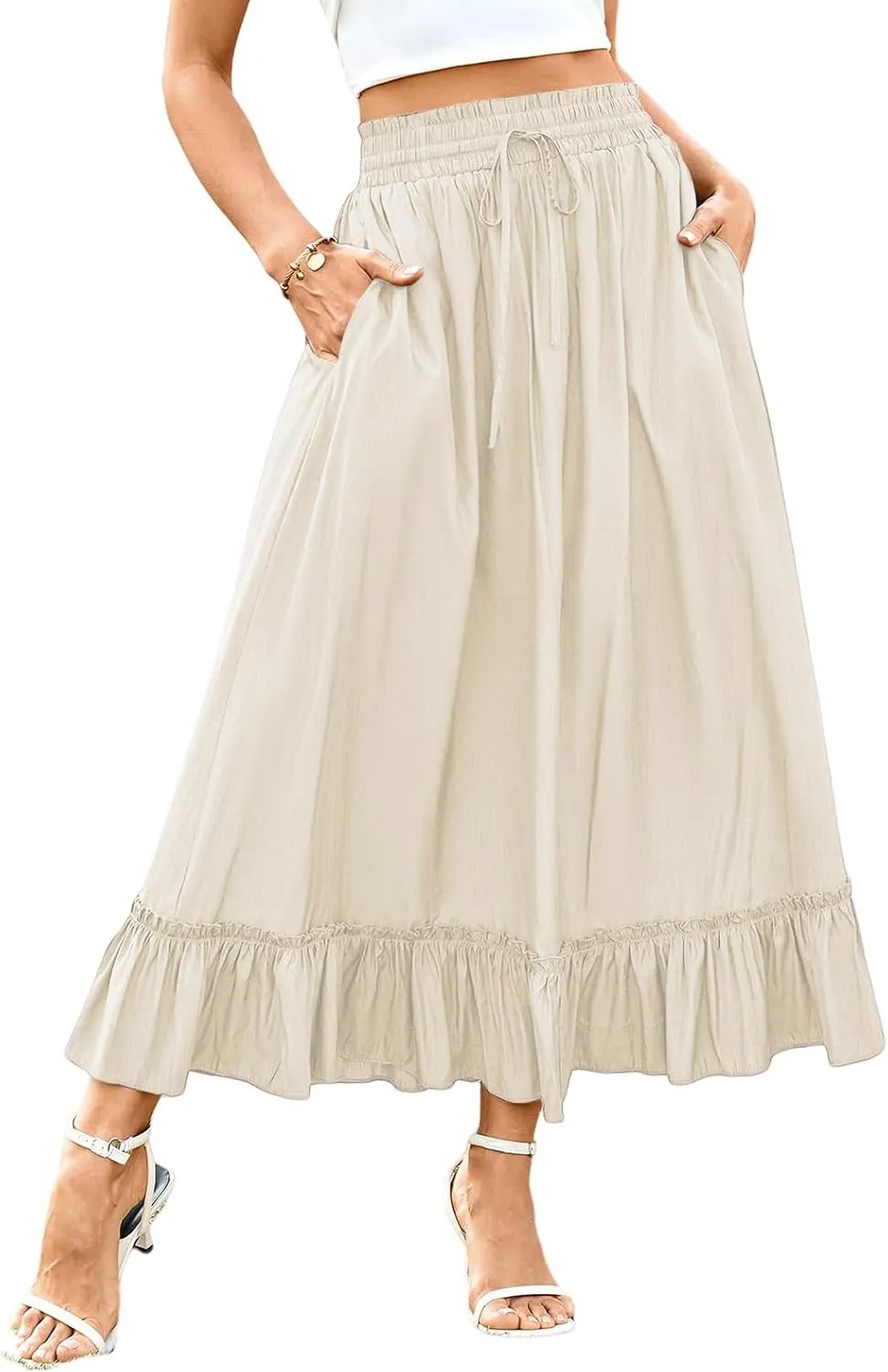 Maxi Skirts for Women 2025 Boho Tiered Elastic High Waisted Skirt Trendy Summer Pleated A-Line Flowy Skirts