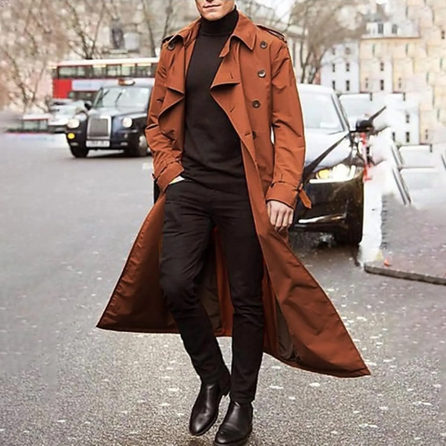 Men Trench Coat Winter,Double Breasted Oversized Light Casual Lapel Long Windbreaker Jacket Belted Slim Overcoats