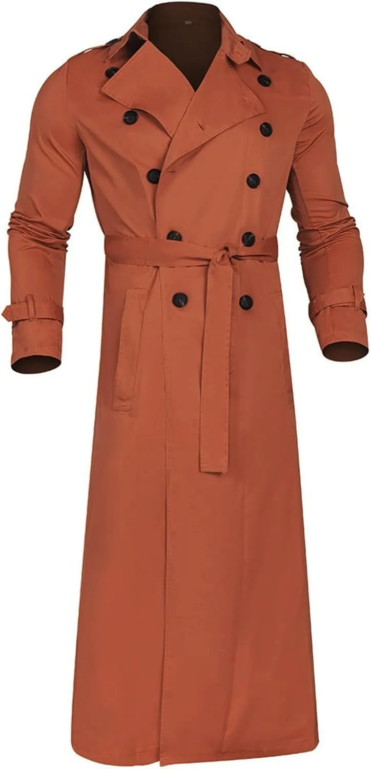 Men Trench Coat Winter,Double Breasted Oversized Light Casual Lapel Long Windbreaker Jacket Belted Slim Overcoats
