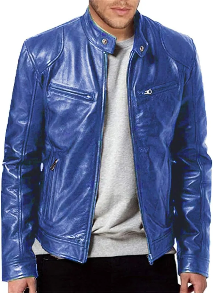 Men's Leather Biker Jacket 2024 Casual Stylish Stand Collared Zip Up Varsity Coat Motorcycle Light Weight Jackets
