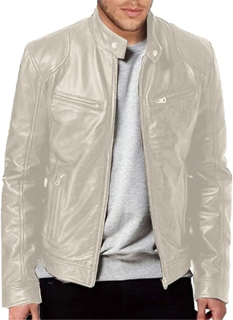 Men's Leather Biker Jacket 2024 Casual Stylish Stand Collared Zip Up Varsity Coat Motorcycle Light Weight Jackets
