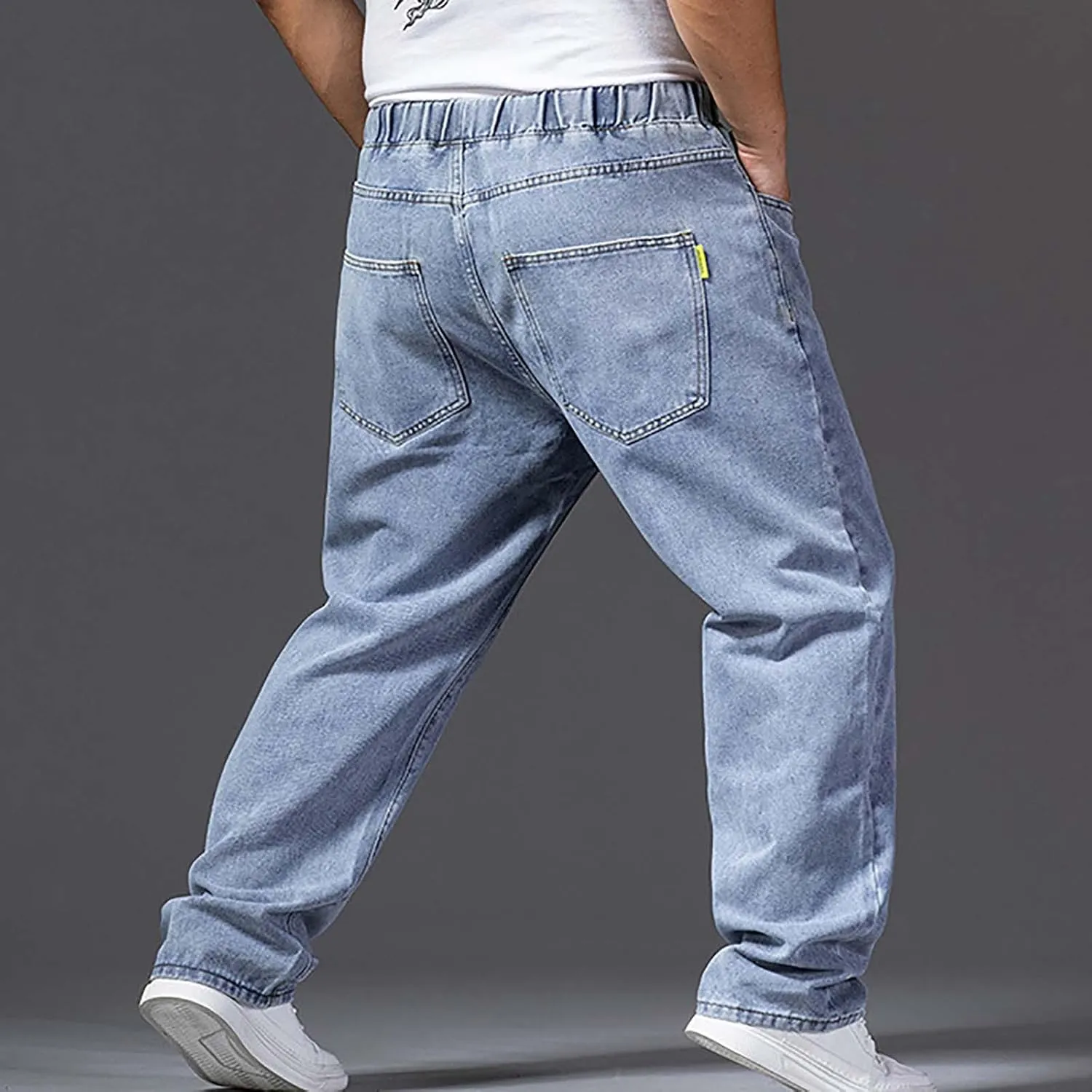 Men's Relaxed Fit Straight Jeans Elastic Waist Cargo Jeans Work Utility Pants Casual Loose Demin Pants
