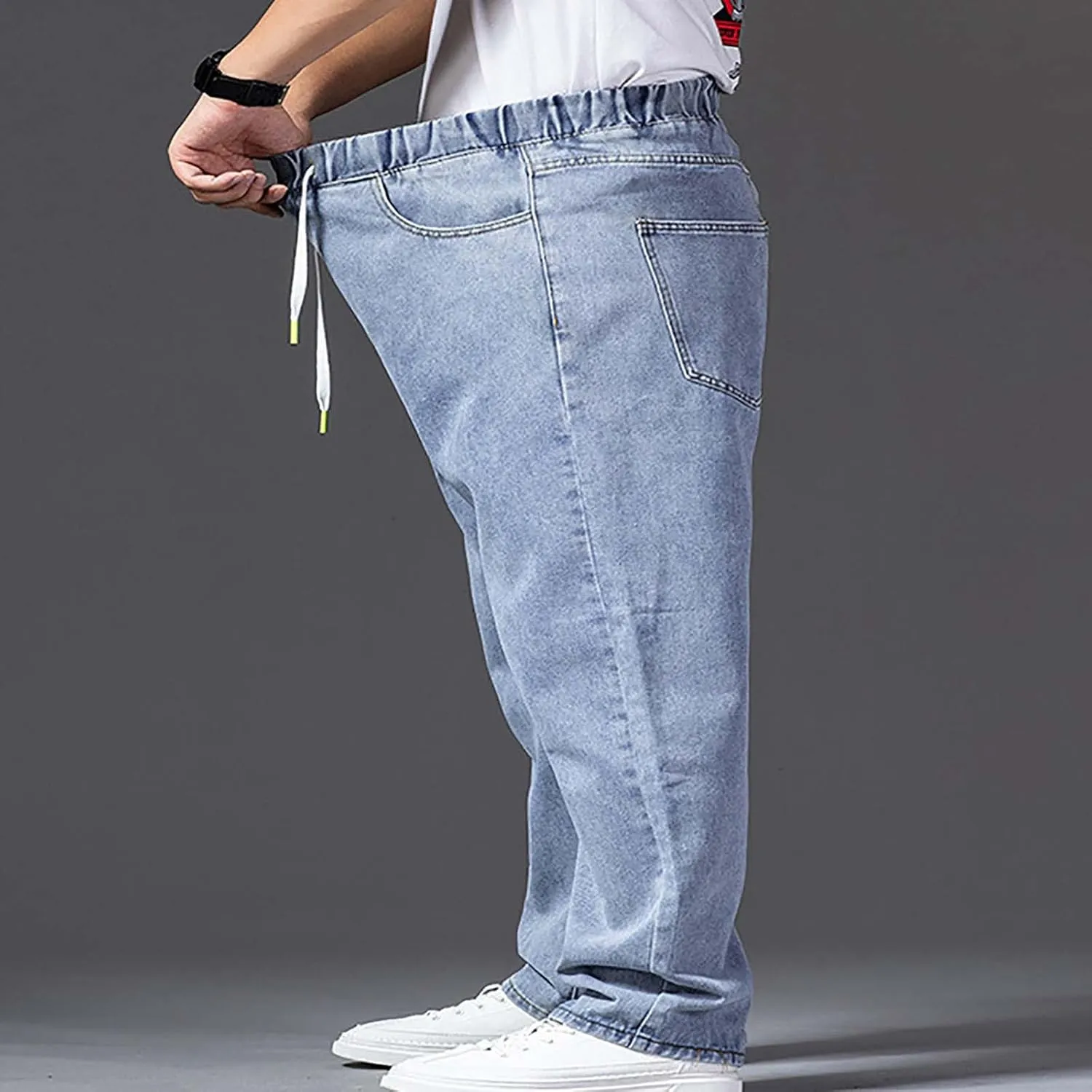 Men's Relaxed Fit Straight Jeans Elastic Waist Cargo Jeans Work Utility Pants Casual Loose Demin Pants