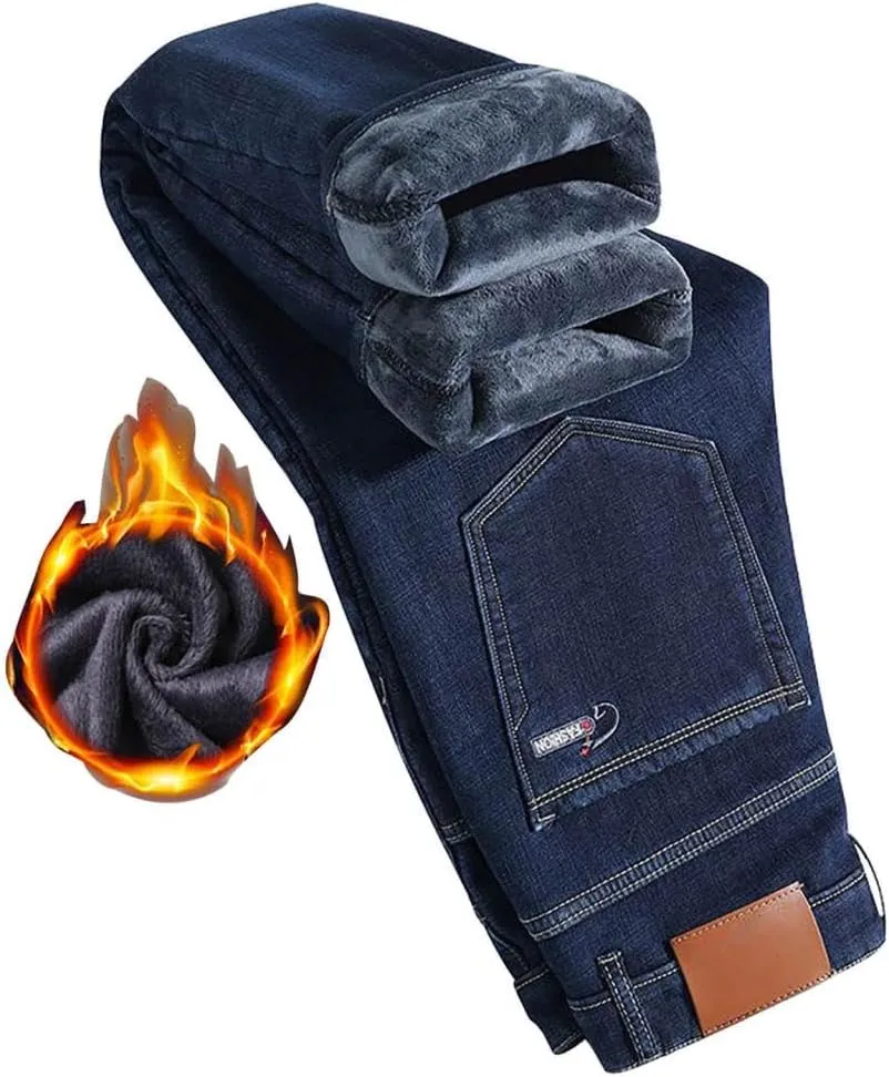 Mens Winter Fleece Lined Jeans Twill Stretch Relaxed Fit Thicken Buckle Closure Denim Pants Casual Trendy Jeans