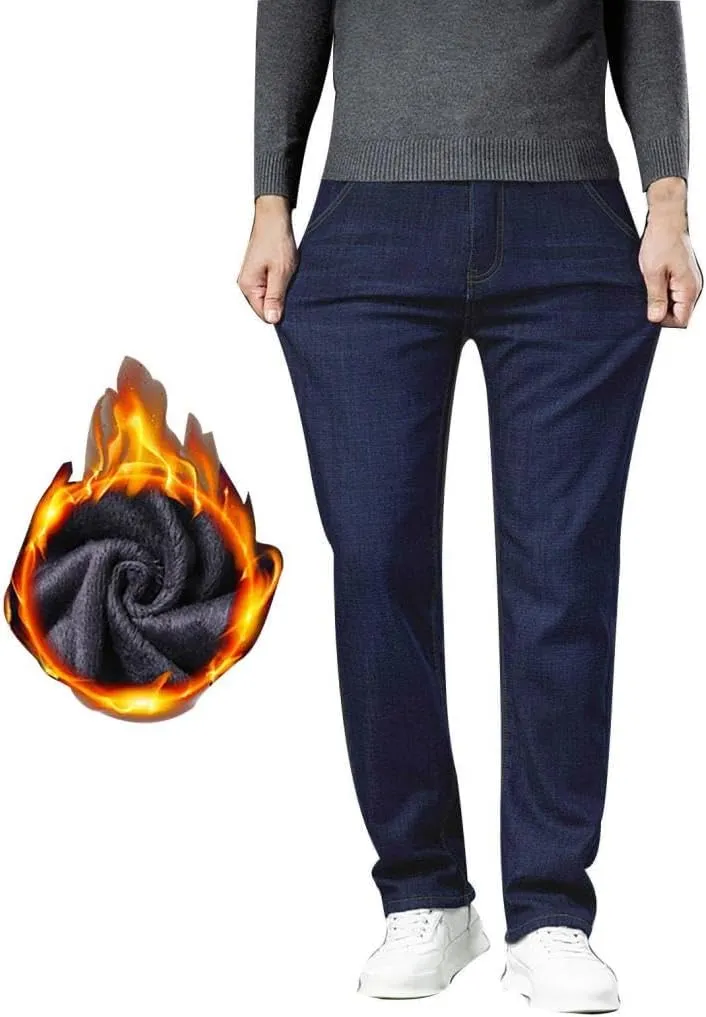 Mens Winter Fleece Lined Jeans Twill Stretch Relaxed Fit Thicken Buckle Closure Denim Pants Casual Trendy Jeans