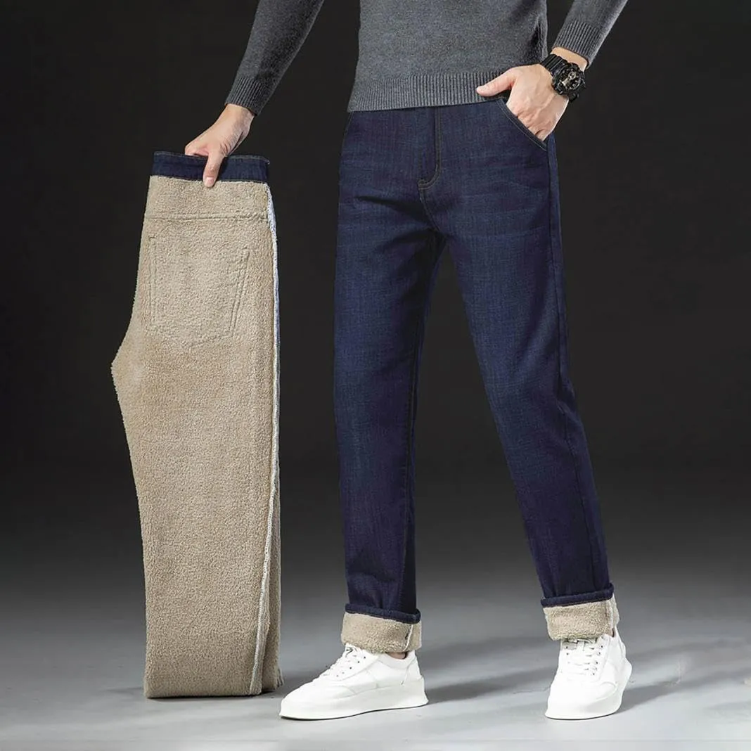 Mens Winter Fleece Lined Jeans Twill Stretch Relaxed Fit Thicken Buckle Closure Denim Pants Casual Trendy Jeans