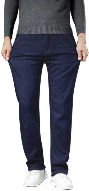 Mens Winter Fleece Lined Jeans Twill Stretch Relaxed Fit Thicken Buckle Closure Denim Pants Casual Trendy Jeans