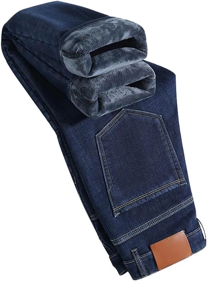 Mens Winter Fleece Lined Jeans Twill Stretch Relaxed Fit Thicken Buckle Closure Denim Pants Casual Trendy Jeans