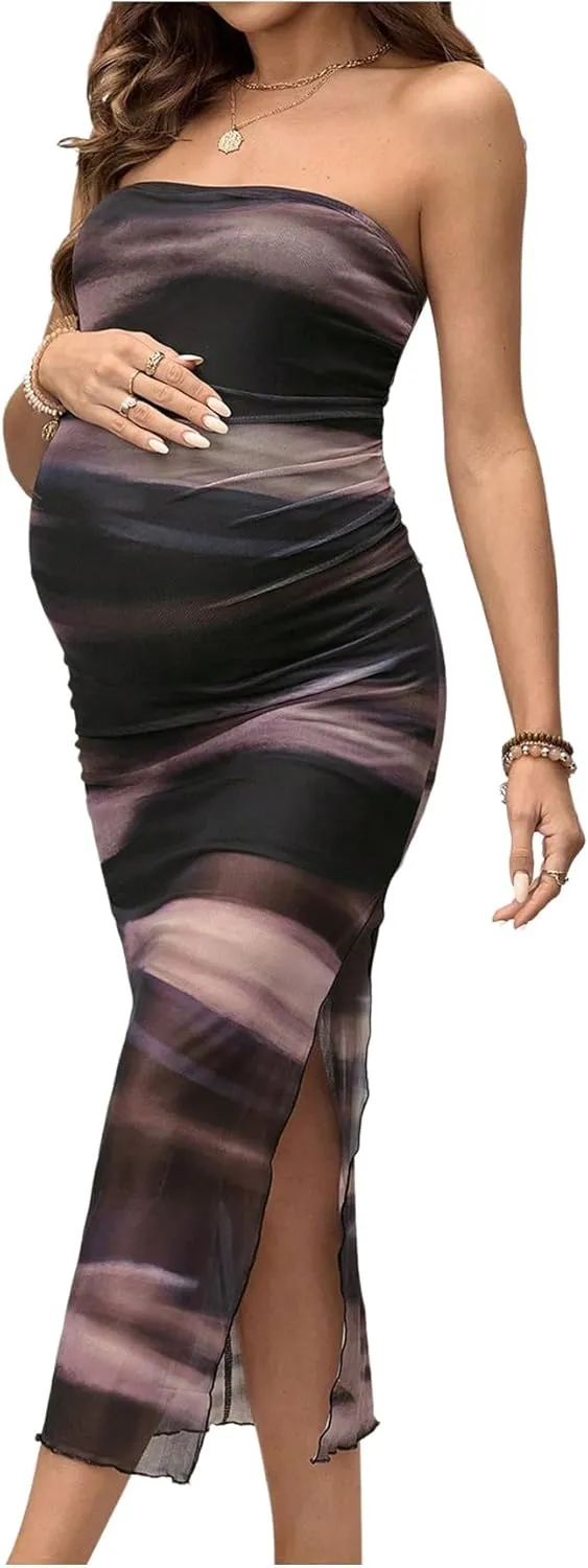Milumia Women's Maternity Floral Mesh Split Strapless Tube Dress Bodycon Maxi Dresses