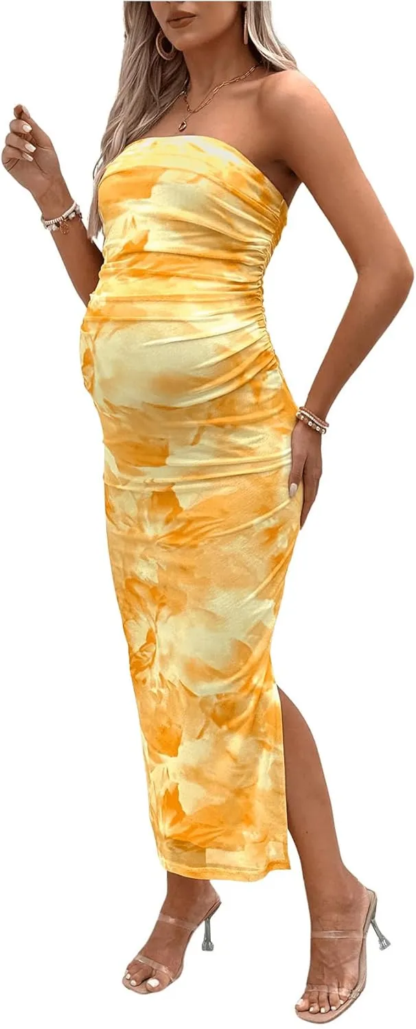 Milumia Women's Maternity Floral Mesh Split Strapless Tube Dress Bodycon Maxi Dresses