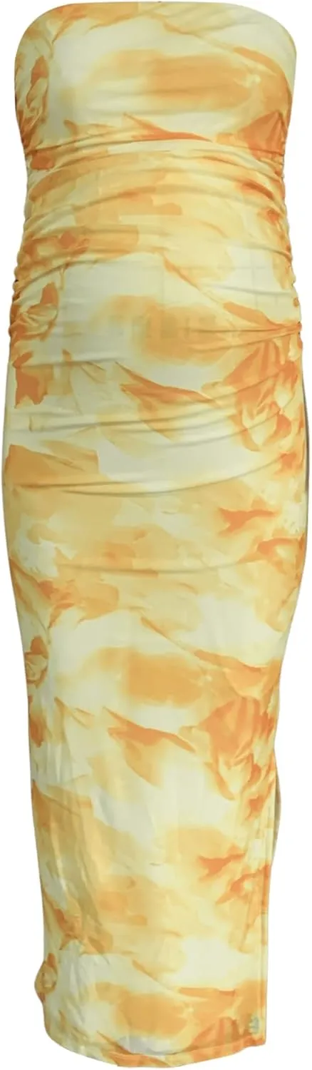 Milumia Women's Maternity Floral Mesh Split Strapless Tube Dress Bodycon Maxi Dresses