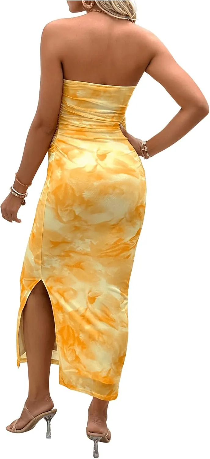 Milumia Women's Maternity Floral Mesh Split Strapless Tube Dress Bodycon Maxi Dresses