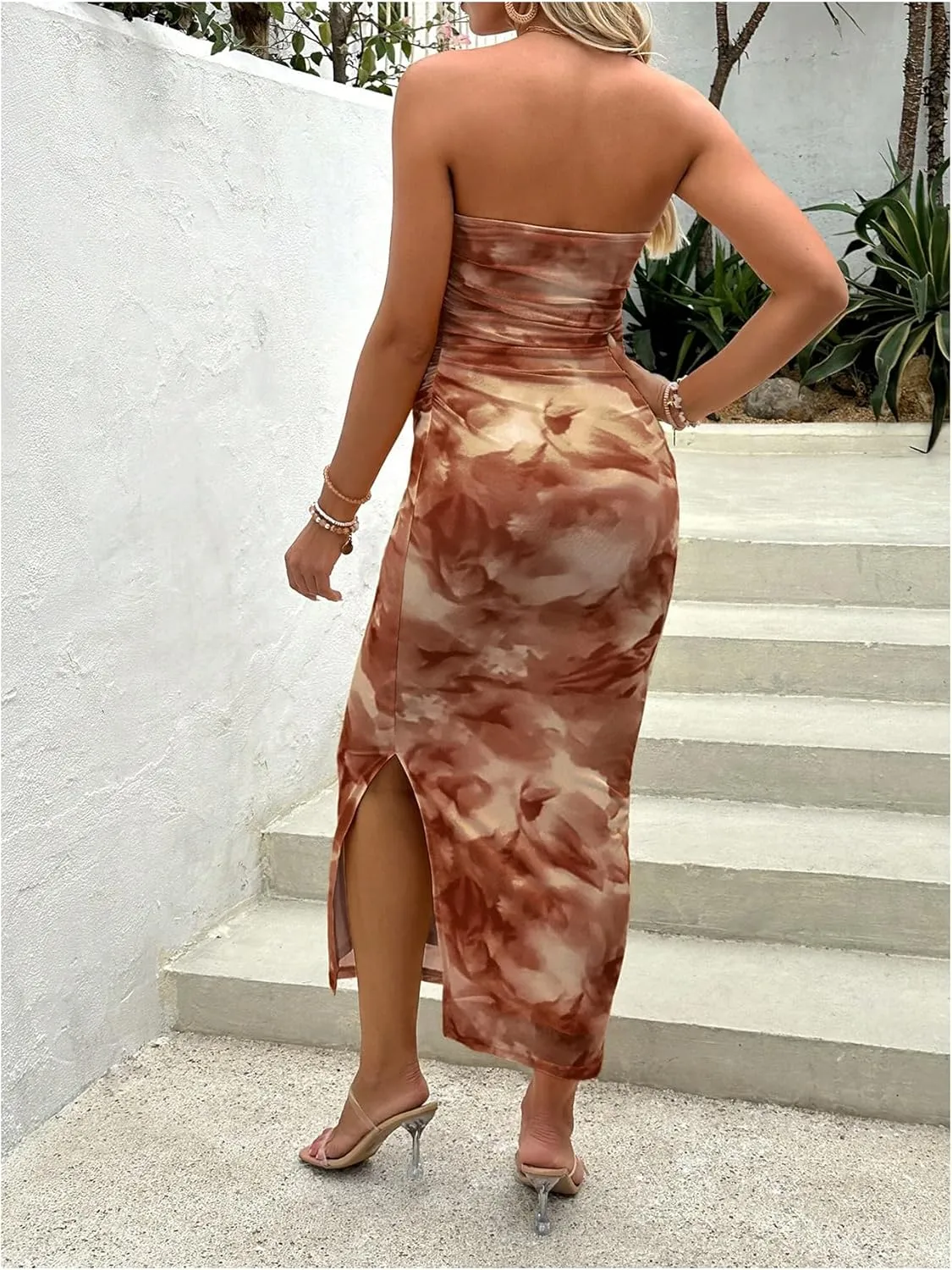 Milumia Women's Maternity Floral Mesh Split Strapless Tube Dress Bodycon Maxi Dresses