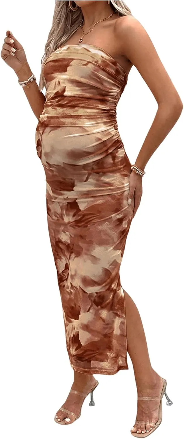Milumia Women's Maternity Floral Mesh Split Strapless Tube Dress Bodycon Maxi Dresses