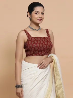 Naina x Rozaana | Sleeveless Cotton Saree Blouse in Red Mango Block Print Fabric