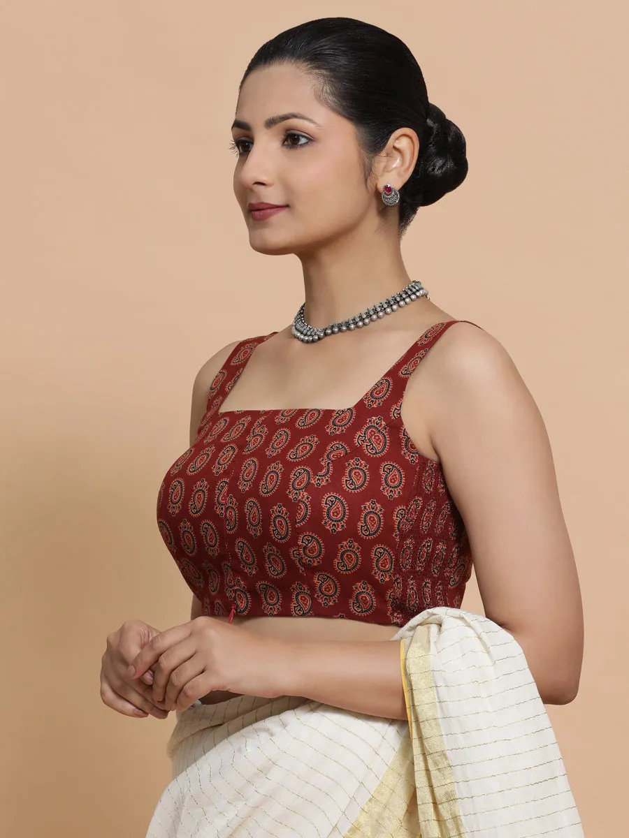 Naina x Rozaana | Sleeveless Cotton Saree Blouse in Red Mango Block Print Fabric
