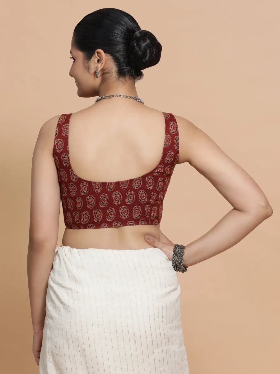 Naina x Rozaana | Sleeveless Cotton Saree Blouse in Red Mango Block Print Fabric
