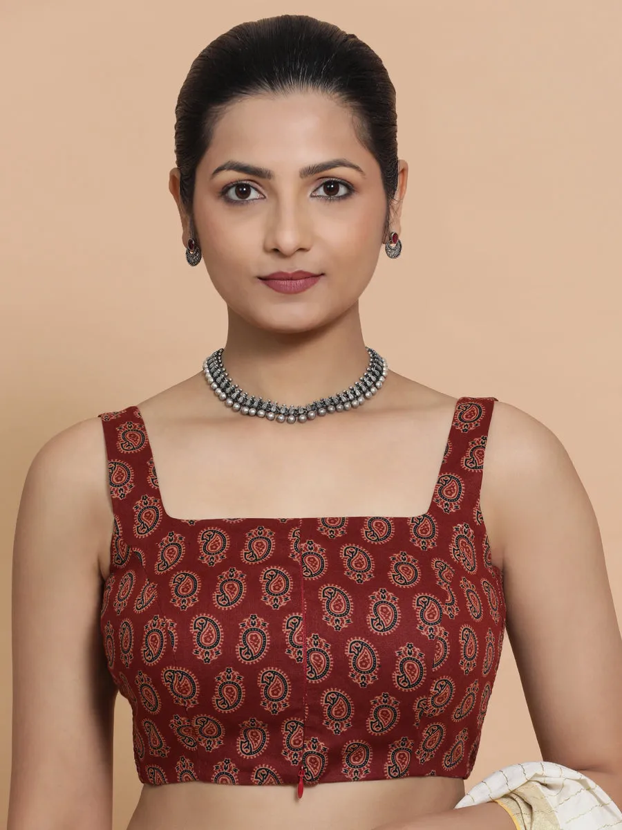Naina x Rozaana | Sleeveless Cotton Saree Blouse in Red Mango Block Print Fabric