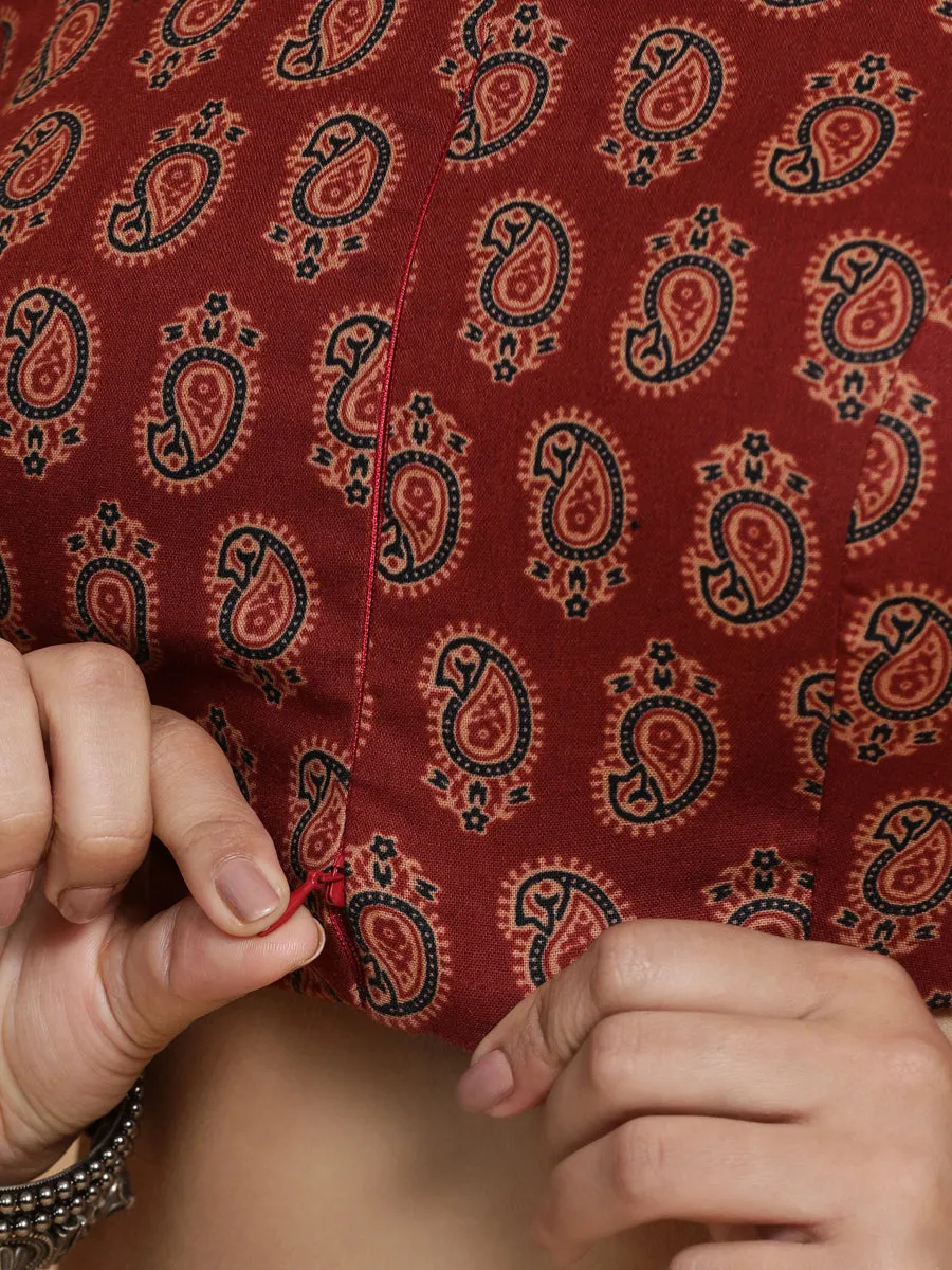 Naina x Rozaana | Sleeveless Cotton Saree Blouse in Red Mango Block Print Fabric