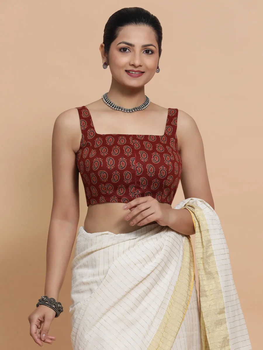 Naina x Rozaana | Sleeveless Cotton Saree Blouse in Red Mango Block Print Fabric