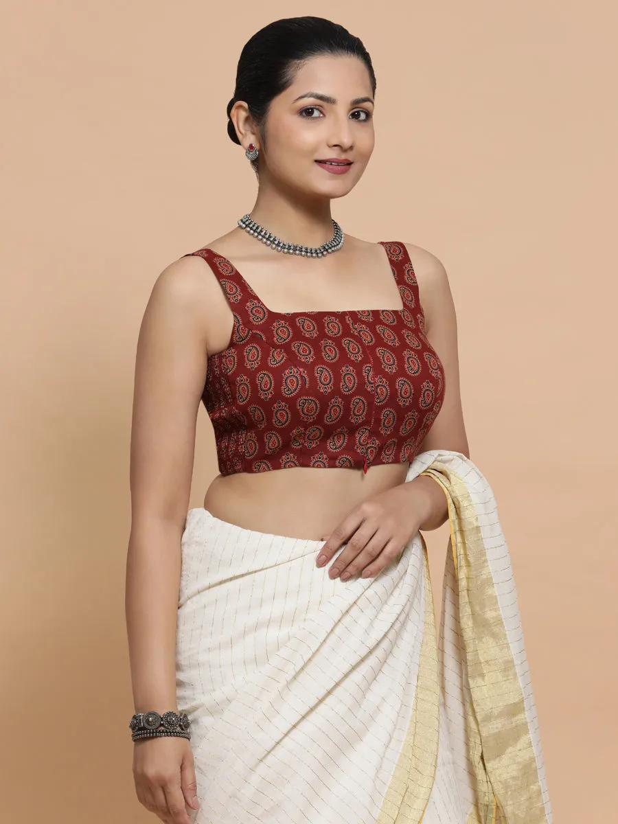 Naina x Rozaana | Sleeveless Cotton Saree Blouse in Red Mango Block Print Fabric