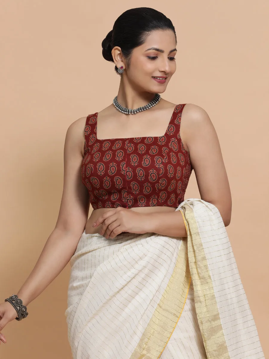 Naina x Rozaana | Sleeveless Cotton Saree Blouse in Red Mango Block Print Fabric
