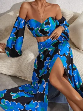 Off Shoulder Blue Floral Print Top & Skirt Set